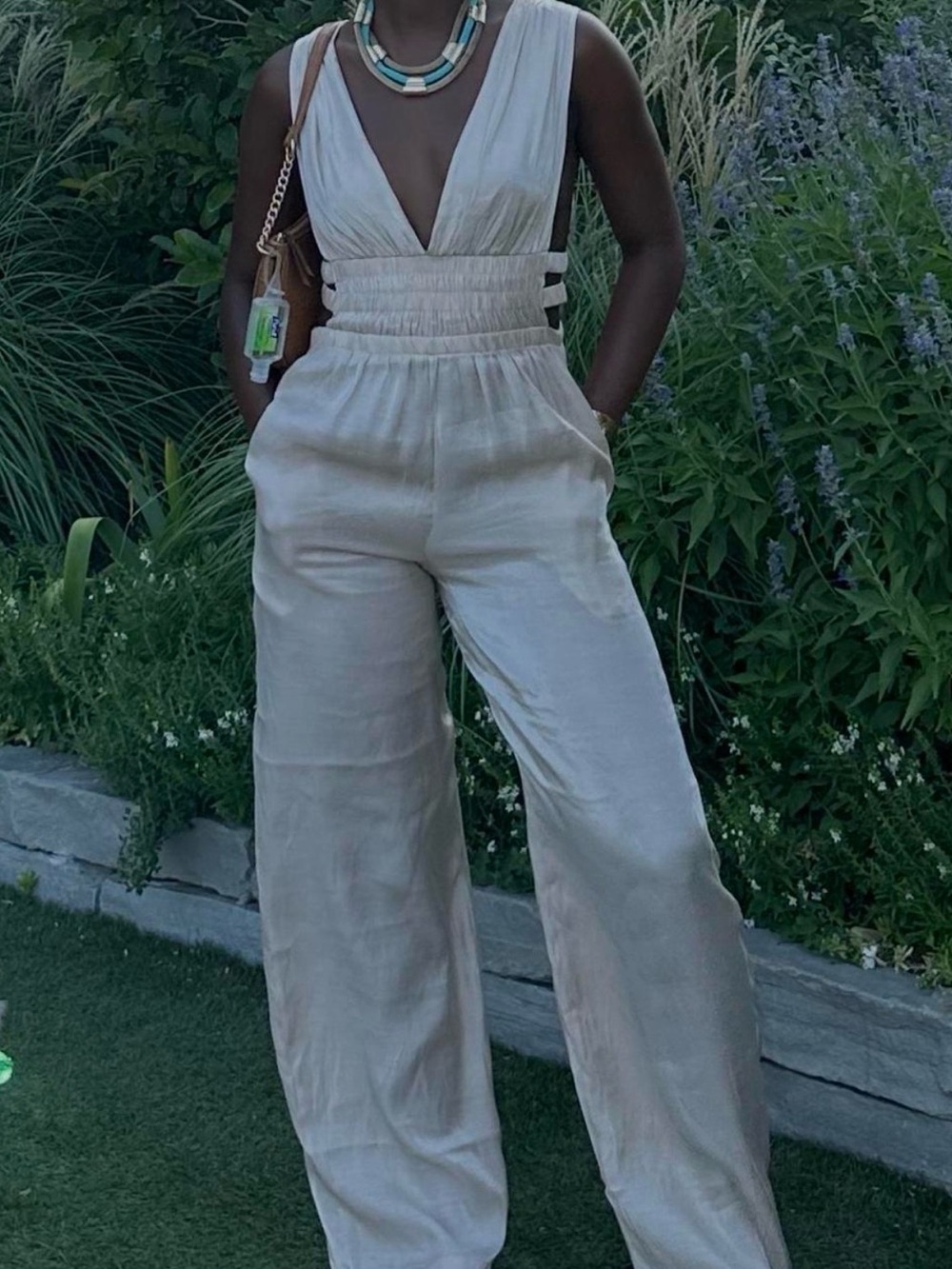 Cream Deep-V Wide Leg Sleeveless Jumpsuit with Smocked Waist